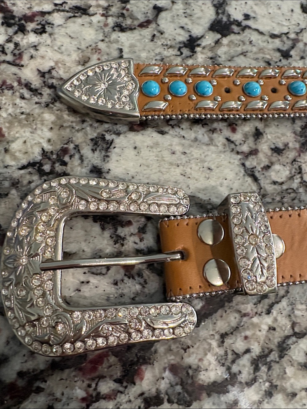 Western Bling Leather Belt Turquoise Stones & Silver Buckle w/ rhinestones - Picture 3 of 6